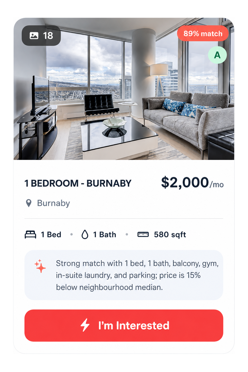 Sample match card — $2,000/mo, 1 bed in Burnaby