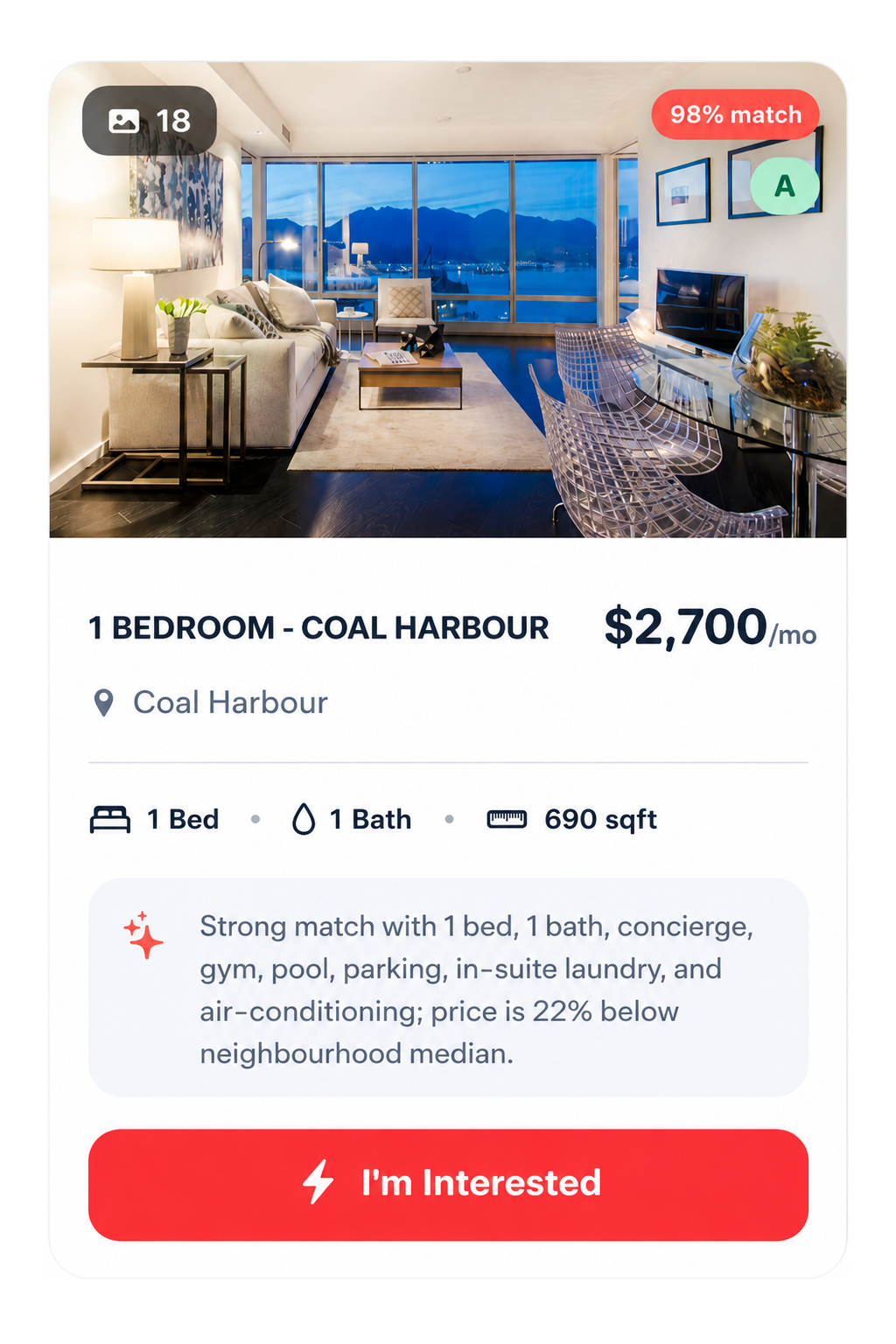 Sample match card — $2,700/mo, 1 bed in Coal Harbour