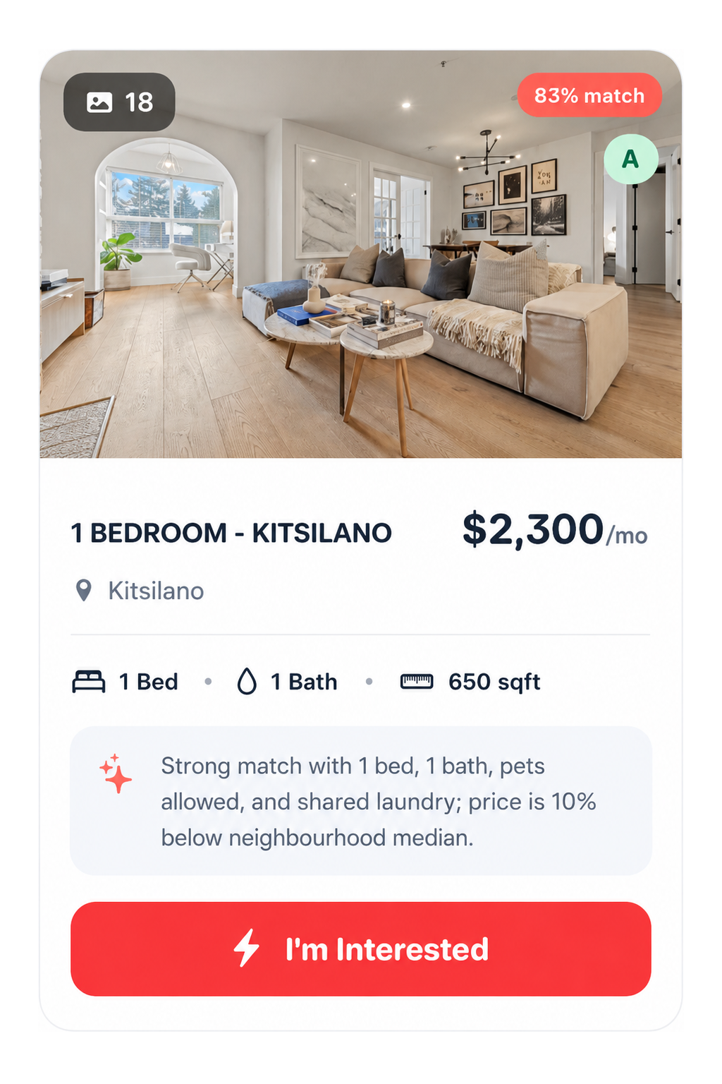 Sample match card — $2,300/mo, 1 bed in Kitsilano